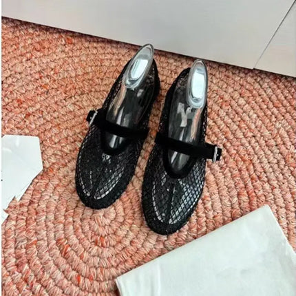 Hollow Mesh Rhinestone Ballet Shoes For Women, Flat Bottomed Mary Jane Single Shoes, Straight Strap Fishing Net Shoes