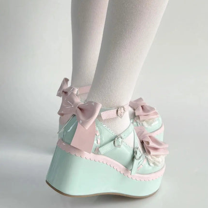 Sweet Lolita Style Girls Flat Platform ,Female Students Cute Bowknots Mary Jane Ankle Strap Elevator Shoes