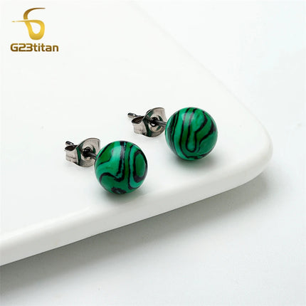 Charming Malachite Stone Earrings 6mm 8mm Green Ball Ear Studs Hypoallergenic Titanium Earings for Women Men Minimalist Jewelry