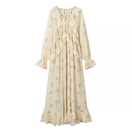 YENKYE  New 2026 Women's Floral Print Ruffle Trim Long Sleeve Maxi Dress Loose Fit Boho Beach Vacation Dresses