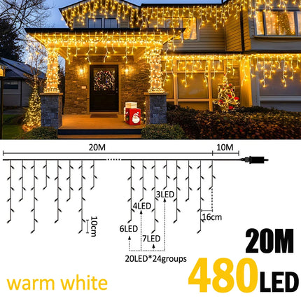 6.5200LED/20M480LED Icicle String Lights Christmas 40Drops 8 Modes, Plug in Curtain Waterproof for Holiday Wedding Party Garden