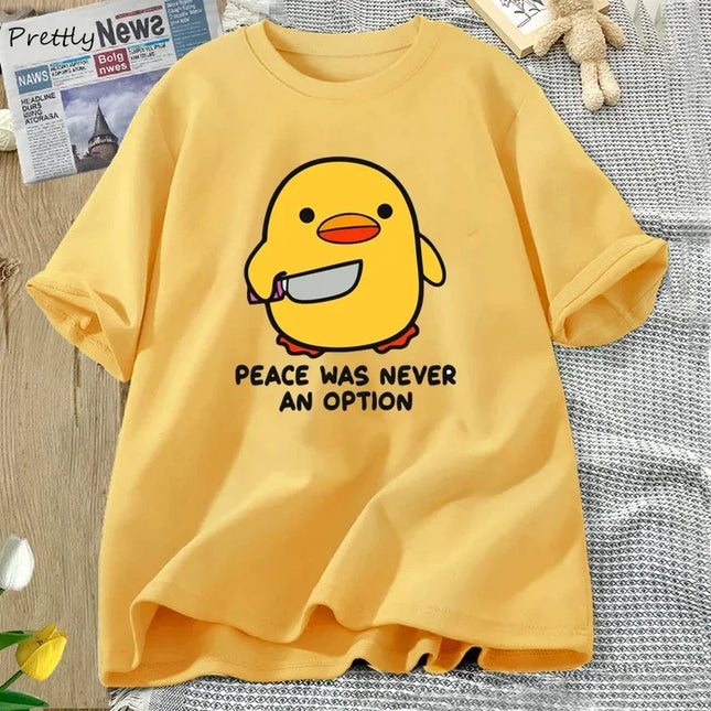 Peace Was Never An Option Süßes Tier T-Shirt Lustige Gans Grafik T-Shirts Sommer Freizeit Kurzarm Oberteile Damen Kleidung