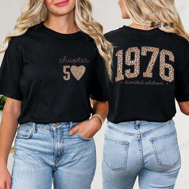 Mode Damen T-Shirt 1976 Retro Geburtstag Print T-Shirt Leopard 50. Geburtstagsgeschenke Tops Damen Shirt Harajuku Grafik T-Shirt