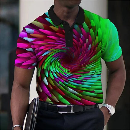 3D Printed Optical Illusion Polo Shirt Men Rainbow Stripes Graphic Short Sleeves Summer T Shirts Top Casual Breathable Lapel Tee