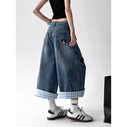 Summer Women Japanese Jorts Kawaii Embroidery Jean Shorts  Cute Core Denim Capri Pants Harajuku Wide Fit Jeans