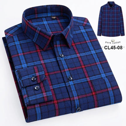 Mens 100% Cotton Casual Shirt Slim Fit Button Classic Striped Plaid Long Sleeve Shirts Single Pocket Comfortable Workwear Shirts