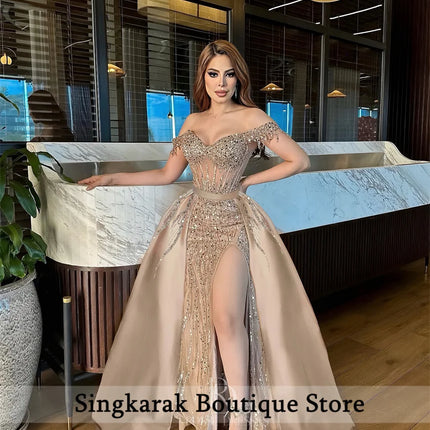 Champagne Beading Evening Dress 2026 Crystals Beading Prom Party Wedding Party Gowns With Detachable Train Vestidos Customized