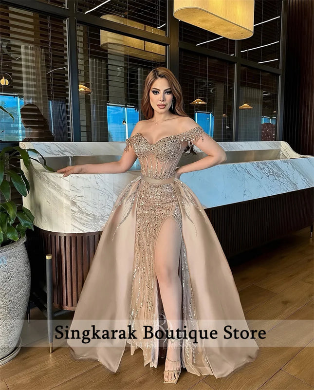 Champagner Perlen Abendkleid 2026 Kristalle Perlen Ball Party Hochzeitskleider mit abnehmbarer Schleppe Vestidos Maßanfertigung