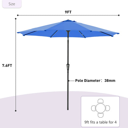 JHK 9ft Patio Umbrella with Tilt and Crank Button 8 Sturdy Ribs Waterproof Patio Table Umbrella for Outdoor Poolside Beach