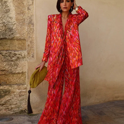 Street Women's Printed Lace Up Jackets Pants Sets Shoulder Pad Full Sleeve Coats Wide Leg Pants 2026 Summer Lady Fashion Outfits