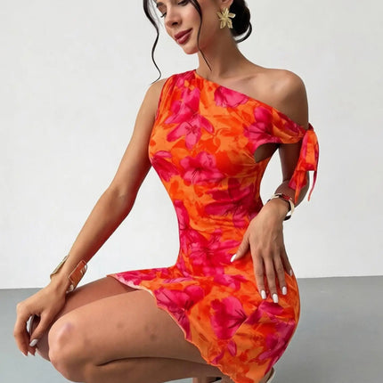 Women'S Spring Summer Floral Print Vacation Casual Off-Shoulder Slouchy Strappy Sleeveless Short Skirt Dress