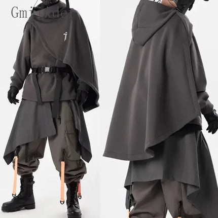 Japanese Heavy Industry Cloak Sweatshirt Functional High Collar Cloak Men's Loose Hooded Fake Two-piece Pullover Couple Coat