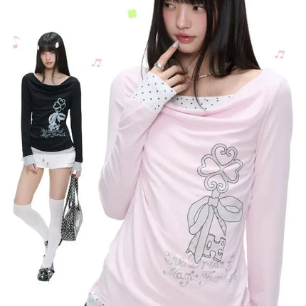 Kimotimo Korean Y2k Fake Two Spliced Polka Dot Print T-shirt Women 2026 Spring Summer Long Sleeve Slim Top Sweet Casual Tees INS