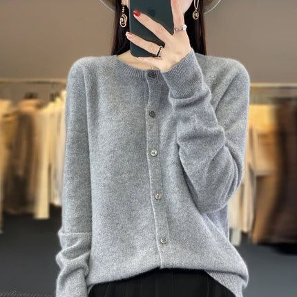 Spring and autumn new women's 100% wool knitted cardigan coat loose O-neck sweater coat fashion solid color coat