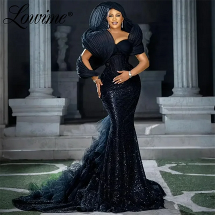 2024 Elegant Black Evening Dresses Aso Ebi Mermaid Prom Dress Plus Size Off The Shoulder Celebrity Party Gowns Robe De Soiree