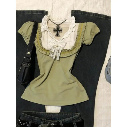 2000s Lace Trim Harajuku T Shirts Aesthetic Sweet Girl Summer Women Clothes Femme Trendy Green Kawaii Top Gentle Ruffle Y2k Tees