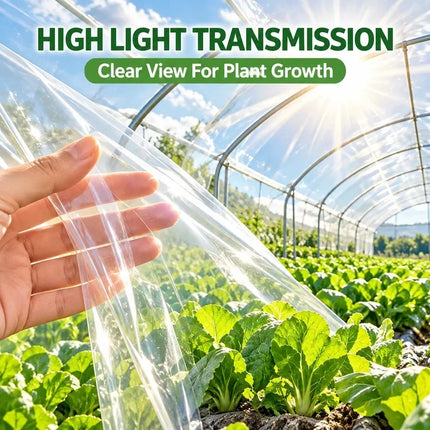 Hand holding transparent greenhouse film over crops, labeled high light transmission