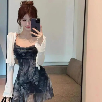 Women Thailand Style Sexy Spicy Cross Backless Irregular Print Cami Mini Dress Slim Fit Fashion All Match Streetwear Dresses