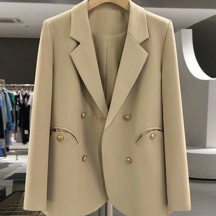 Women Khaki Blazer Jacket Oversized Chic British Style Slim Fit Elegant Office Casual Fashion Suit Coat Autumn Spring