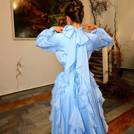 Spring Summer New Fashion Women's Light Blue Solid Color Casual Trendy Long Lantern Sleeve Floor Length Ceremonial Dress Female