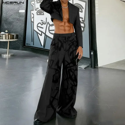 INCERUN Men Sets Printing Lapel Long Sleeve Crop Blazer & Pants Two Pieces Sets Streetwear Loose Fashion Men Casual Suits S-5XL