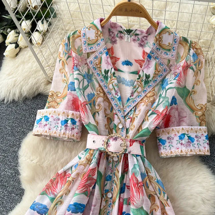 French Luxury Print Dress Women Summer Short Sleeve Waist Tie A Line Big Swing Party Banquet Evening Gown Outfit Dress Woman