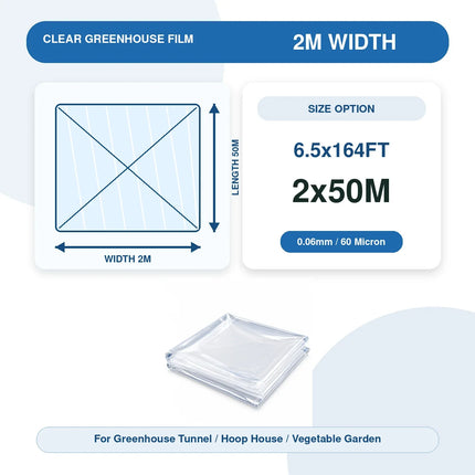 Size infographic for the 2x50M / 6.5x164FT clear greenhouse film