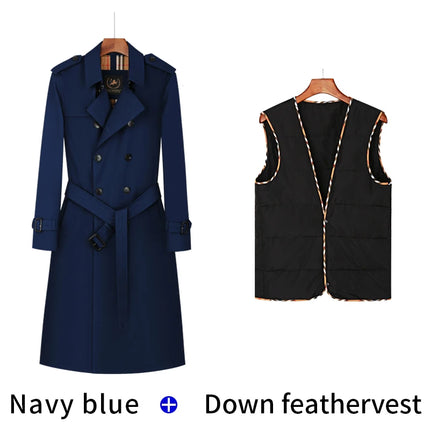Men's trench coat long knee length with double breasted British plaid cotton lining down inner lining windbreaker mens
