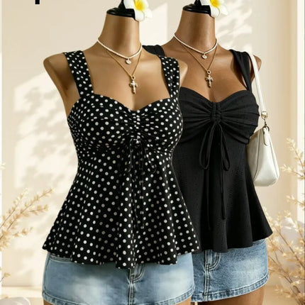 Women Sweetheart Neck Drawstring Ruched Peplum Cami Top Polka Dot Print Sleeveless Casual Camisole Outfit