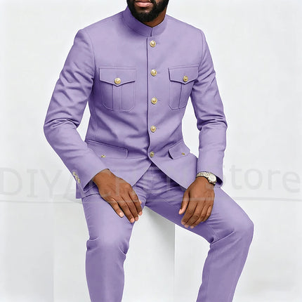 Fashion Stand Collar Men Suits Single Breasted Four Pockets Slim Male Clothing Formal Business Casual Daily Suit 2 Pieces