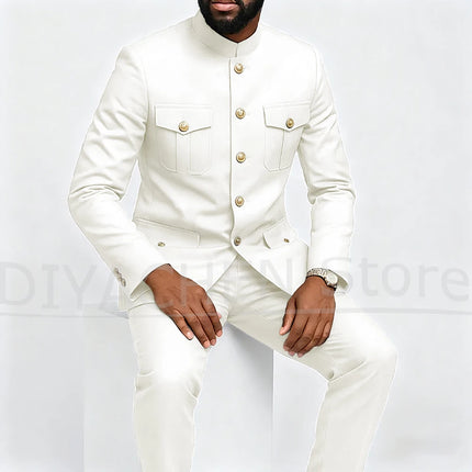 Fashion Stand Collar Men Suits Single Breasted Four Pockets Slim Male Clothing Formal Business Casual Daily Suit 2 Pieces