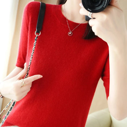 Short-sleeved Knitwear O-neck T-shirt Wool Cotton Blend Pullover Vest Sprig Summer Bottoming Tops Sweater