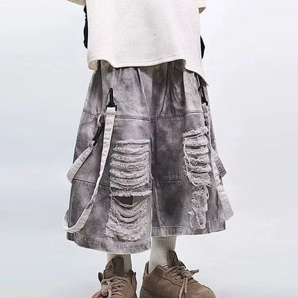 Retro Hip-hop Men's Ripped Jeans Summer American Casual Fashion Loose Street Style Washed Patchwork Male Hollow Out Shorts