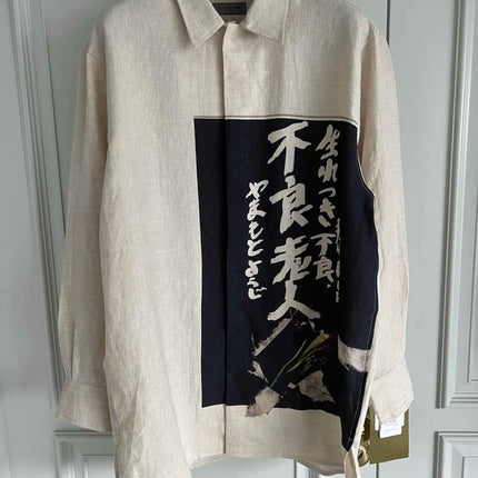 TOP-YAMAMOTO original design, French linen, bad old man printed linen shirt, light-colored gentleman