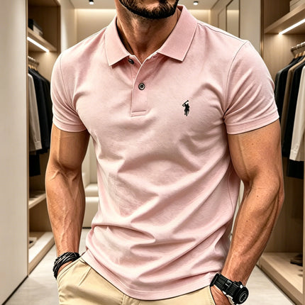 Men Breathable Fabric Solid Color Lapel Polo Shirt Short Sleeve Business Casual Tops With Mini Rider Figure Embroidery On Chest