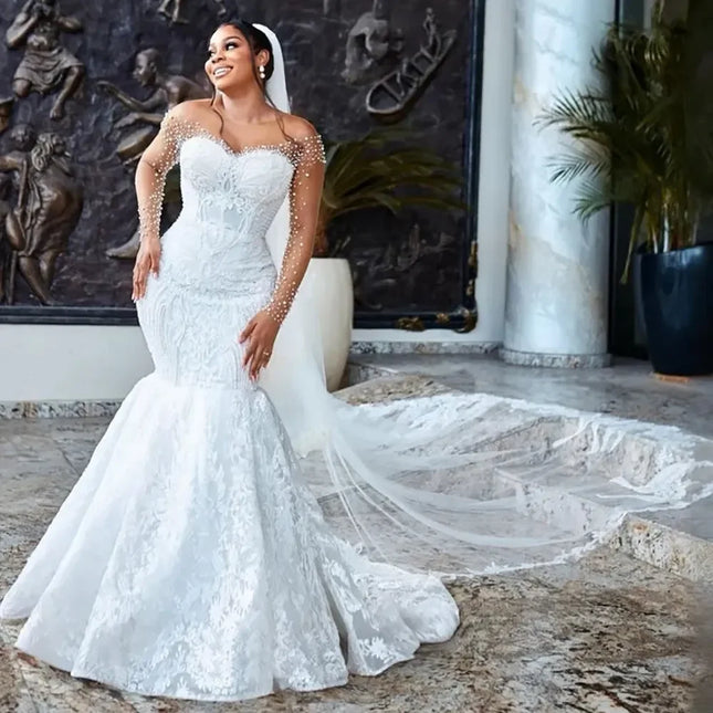 Maßgeschneidertes Meerjungfrauen-Brautkleid für Damen 2026, nackter Hals, Phantom-Langarm, Perlenbesatz, Spitze, Brautkleid mit Knopfleiste am Rücken