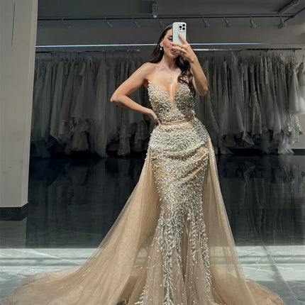 MONICA Fancy Appliques Evening Dresses for Women Beads V-Neck Detachable Train Mermaid Prom Dress Robes De Soiree Customized
