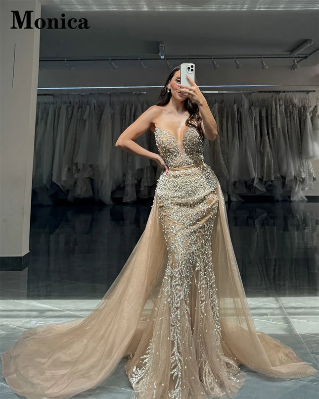 MONICA Elegante Applikationen Abendkleider für Damen Perlen V-Ausschnitt Abnehmbare Schleppe Meerjungfrau Ballkleid Robes De Soiree Maßanfertigung