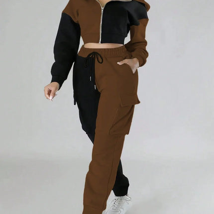 Women Loose Autumn Winter Two Pieces Suit Matching Sets Hoodie Tracksuit Blocked Zipper Short Outerwear Drawstring Cargo Pants