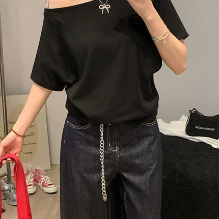 1pcs Summer Women Basic Model Solid Color T-Shirt Lady Short-Sleeved Skew Collar t-Shirt Female Street Style Sexy Slim Fit Tee