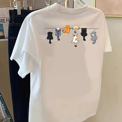 Cartoons Cats Prints T-Shirts Summer Womens Cotton T Shirts Basic O-Neck Oversized Short Sleeve Tops Casual Street Woman Clothes