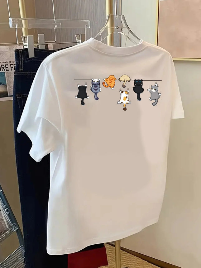 Cartoons Katzen Druck T-Shirts Sommer Damen Baumwoll T-Shirts Basic O-Ausschnitt Oversized Kurzarm Tops Lässige Street Frau Kleidung