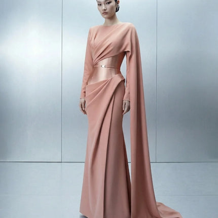 Customized Fashion Jersey Pleat Mermaid O-Neck Long Bespoke Occasion Evening Dresses Simple Chinese Style