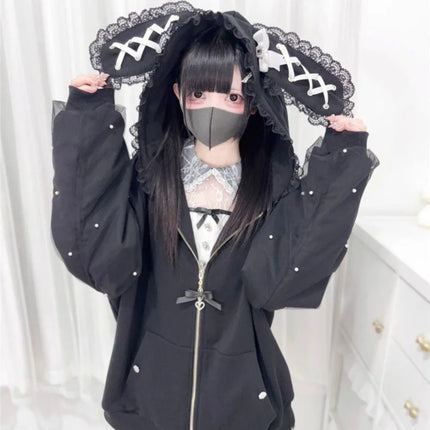Long Sleeve Strapped Rabbit Ear Hoodie Lolita JK Winter Autumn Rabbit Ear Hoodie Kawaii Ladies Top Cardigans Women Y2K