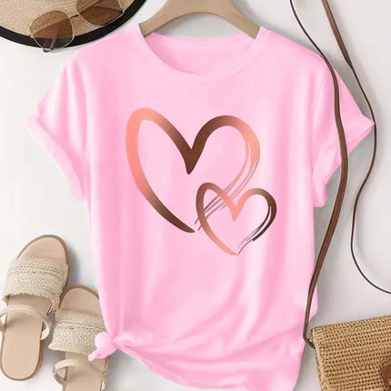 Summer New Fashion Women's Heart Printed T-shirt Trendy Casual Round Neck Top Short Sleeves Women T-shirt Women Clothing
