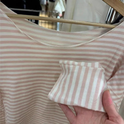 Sweet Pink Striped Long Sleeve T-shirt Women New Spring Cotton Raw Hem Slash Neck Slim Tee Tops Cute Preppy Style T shirt Y2K