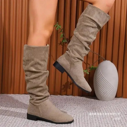 Plus Size Slip-On Western Boots Women High Tube Round Head Solid Color Flat Heel Fashion Boots Velvet Material Comfortable Winte