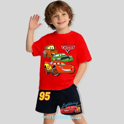 2026 Cars of the Universe Children's Pure Cotton Short-Sleeved Shorts for Boys with Cartoon Print Summer T-shirt Set of 2 Pieces