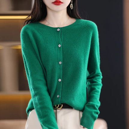 Spring and autumn new women's 100% wool knitted cardigan coat loose O-neck sweater coat fashion solid color coat