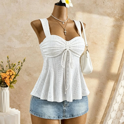 Women Sweetheart Neck Drawstring Ruched Peplum Cami Top Polka Dot Print Sleeveless Casual Camisole Outfit